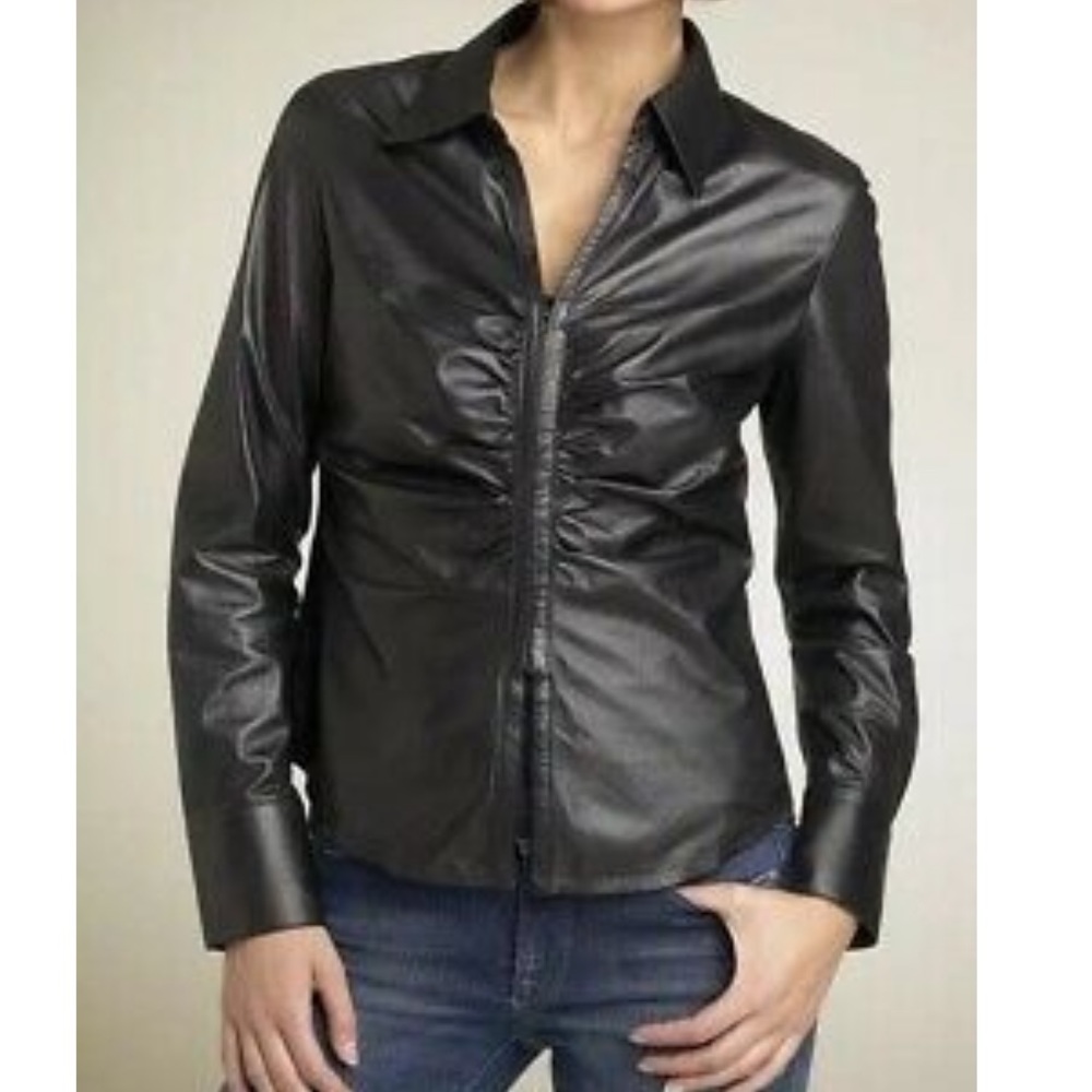 Lafayette 148 Ruched Leather Zip Shirt